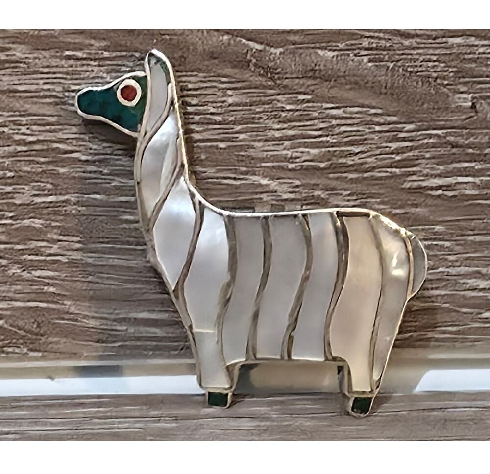 950 Silver Llama Pin Brooch Pendant Vintage Mother of Pearl and Turquoise 1.5"